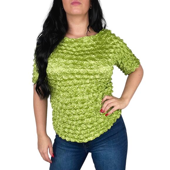 1990s Vintage Lime Green Popcorn Shirt Short Sleeve Blouse One Size Medium - Picture 2 of 8